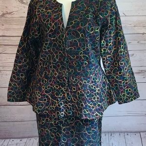 Vintage Manart soft Leather skirt suit. Rainbow embroidery embellished.